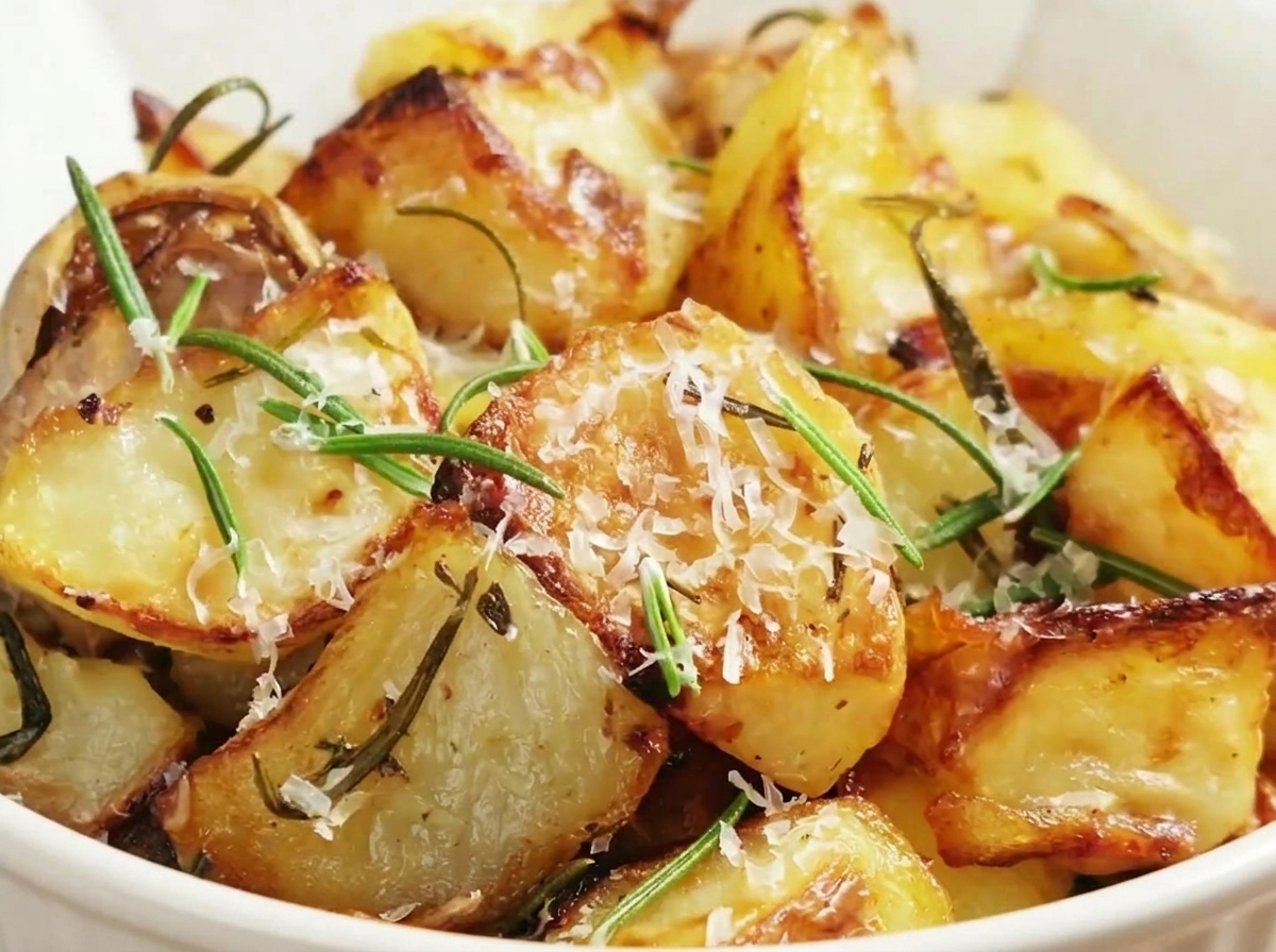 Patate arrosto dorate rimosse dalla teglia.