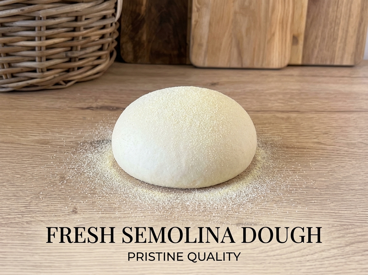 Palline di impasto lisce su un piano di legno spolverato di semola.