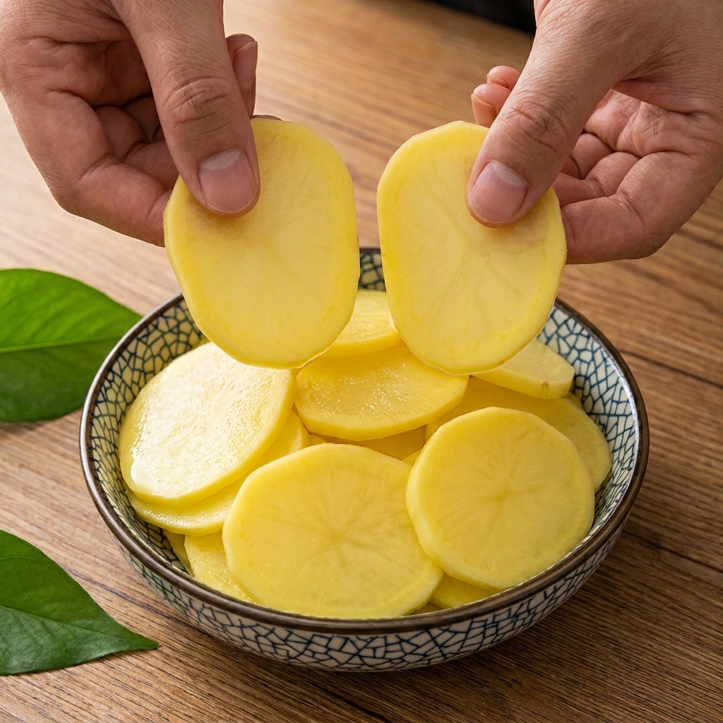 Fette sottili di patate crude mescolate con rosmarino e olio in una ciotola.