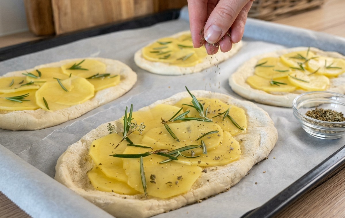 Fette di patate condite disposte sopra la base di impasto su carta forno.