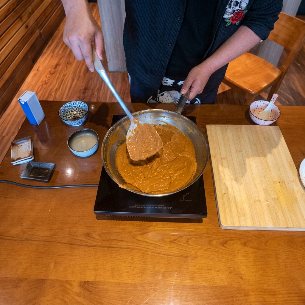 Pasta miso densa che viene mescolata in una padella di acciaio inossidabile.