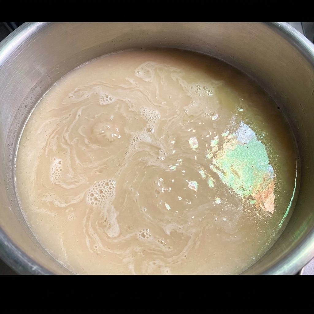 Brodo tonkotsu versato nella padella con il miso per creare una base cremosa.