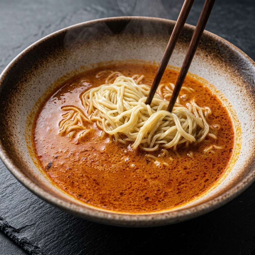 Olio al peperoncino che viene versato nel ramen, pronto per essere mescolato.
