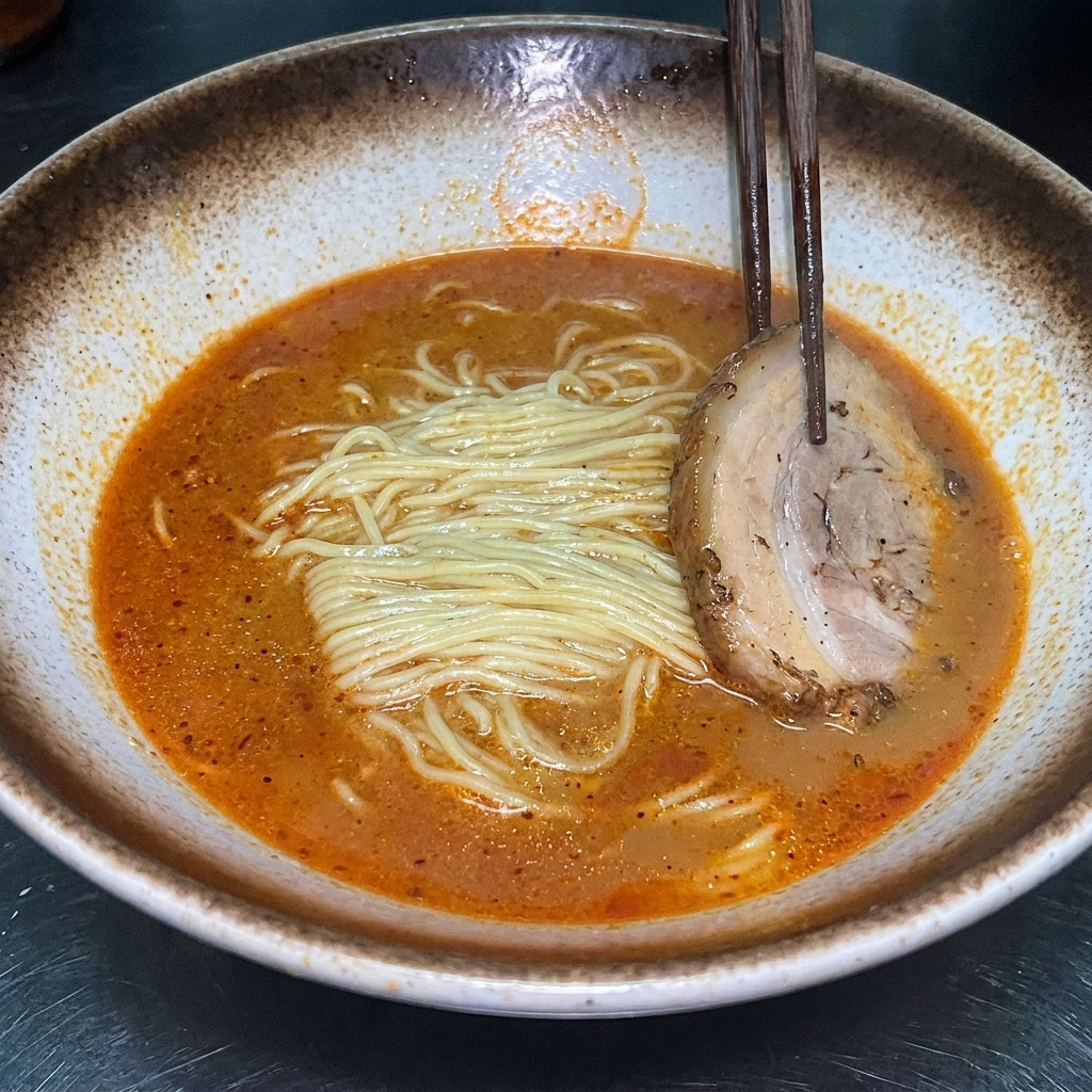 Ciotola di ramen guarnita con chashu, uovo e mais.