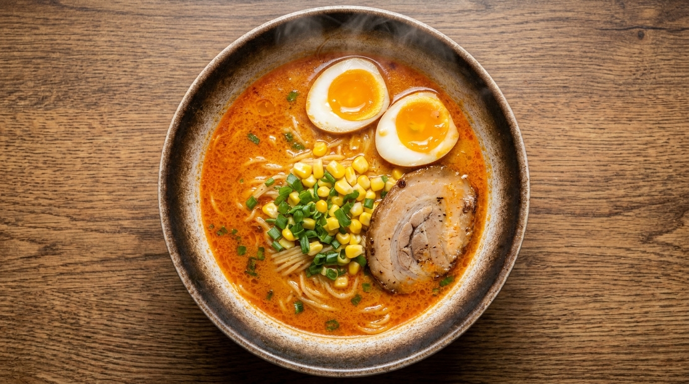 Una ciotola di ramen miso stile Sapporo con brodo ricco, chashu di maiale, uovo barzotto, mais e cipollotti.