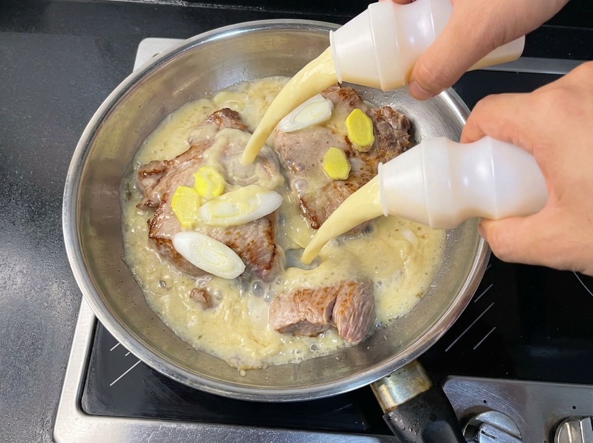 Due bottigliette di Yakult versate sul maiale scottato, fette di zenzero e cipollotti in padella.