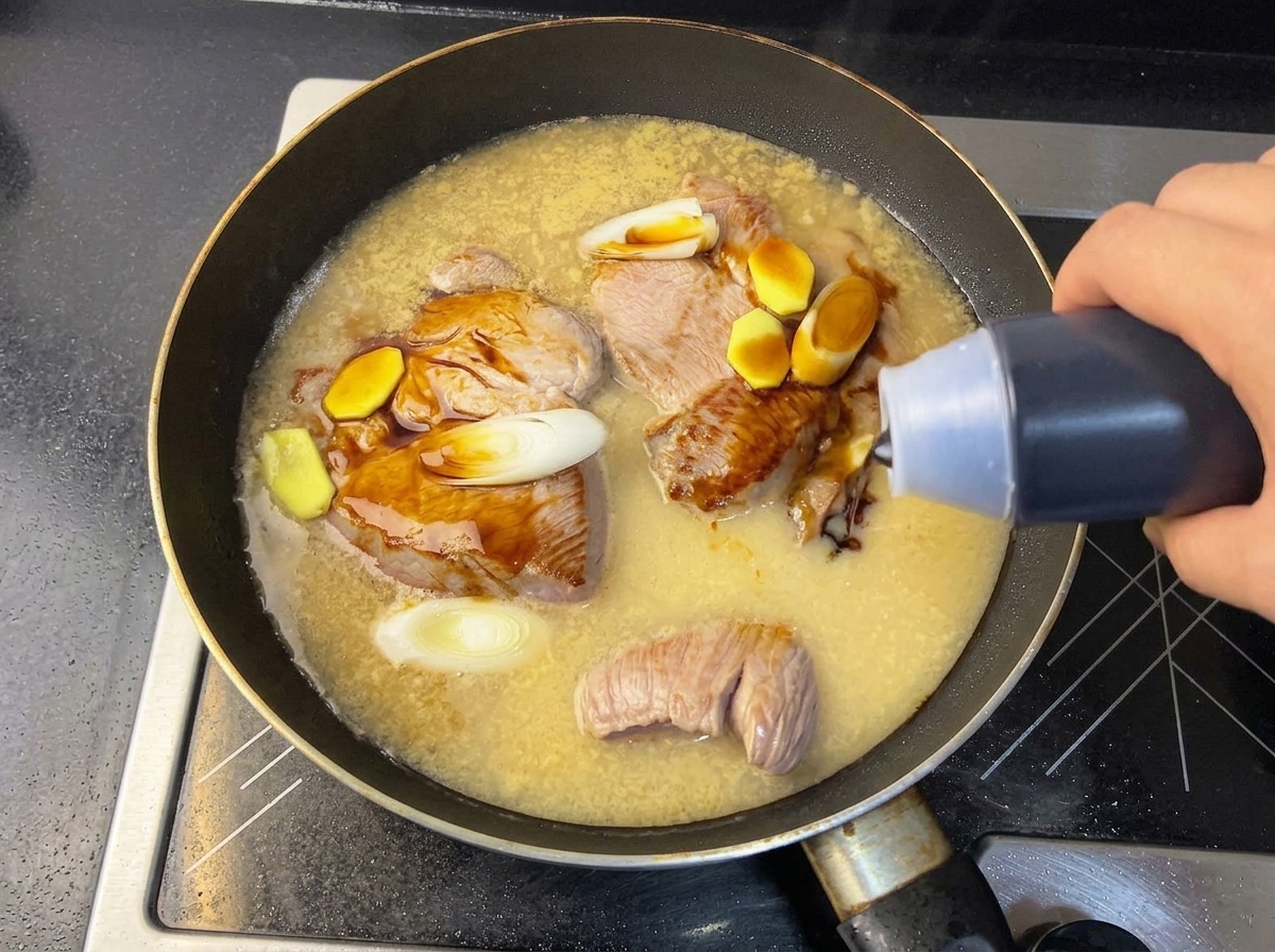 Salsa di soia versata nella padella con il maiale, il Yakult, lo zenzero e i cipollotti.