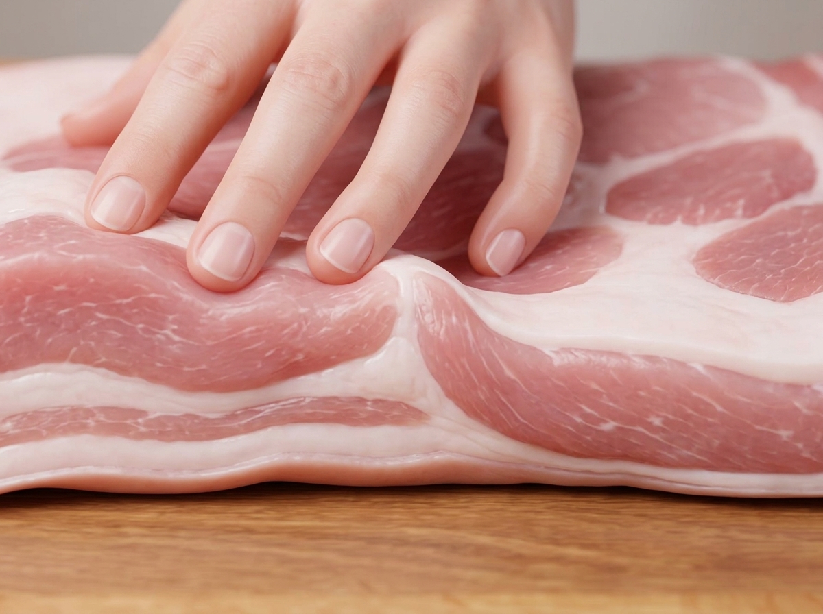 Un coltello che incide la superficie della pancetta di maiale cruda con un motivo a griglia.