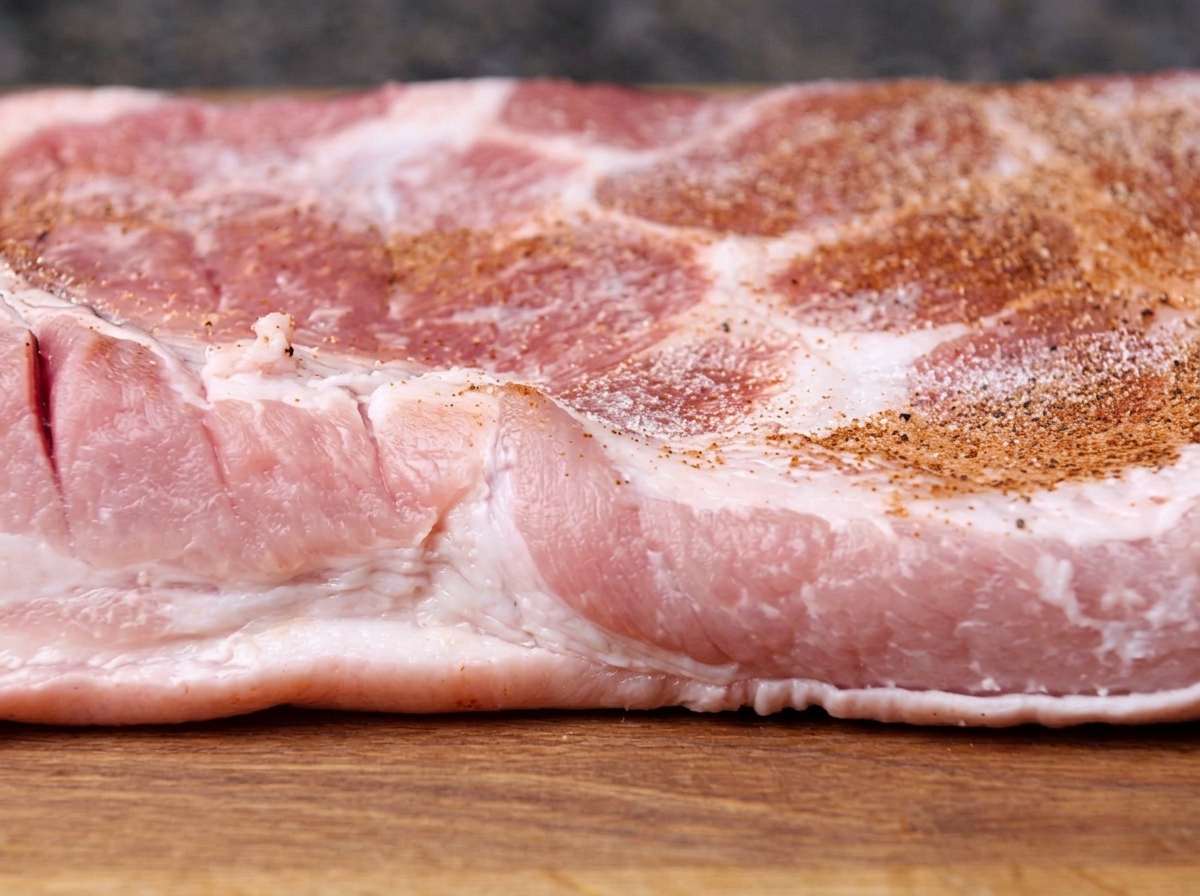 Pancetta di maiale cosparsa di sale e pepe nero macinato grossolanamente.