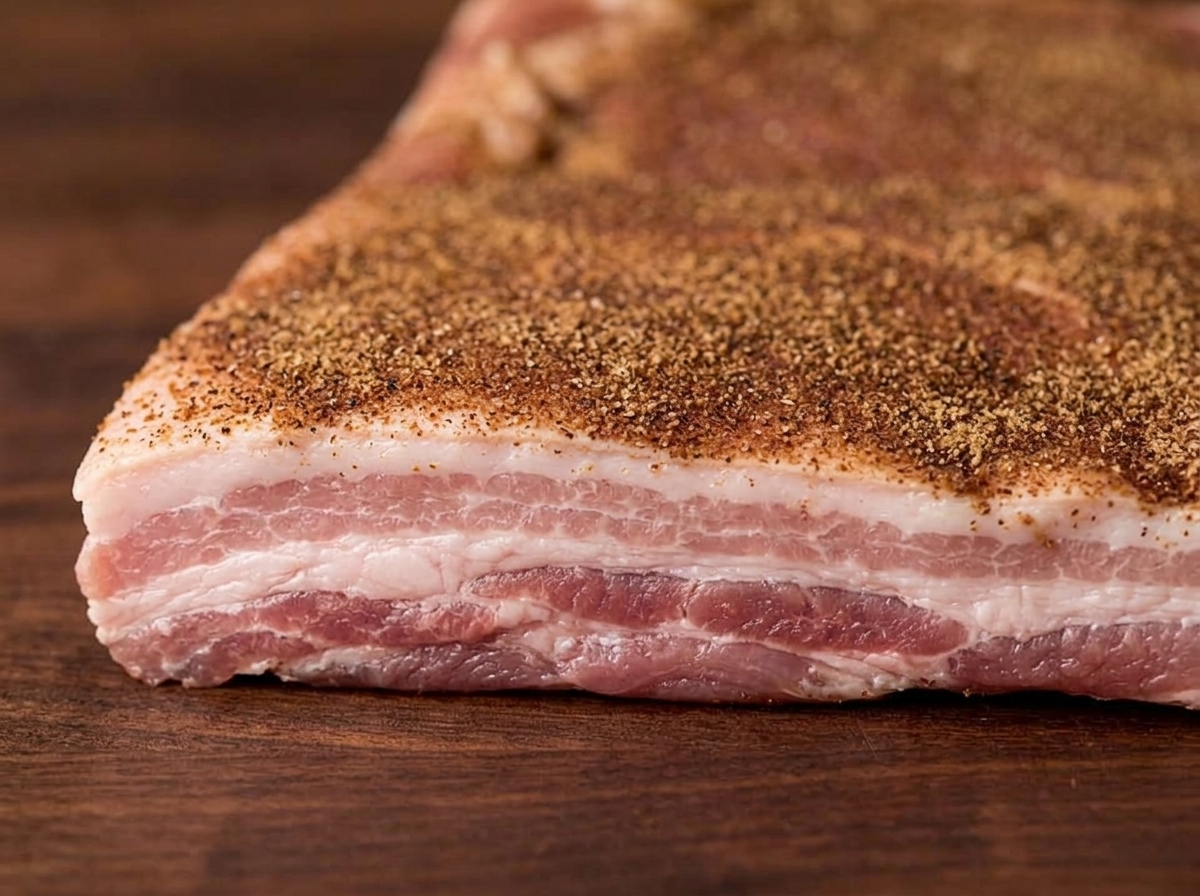 La fetta di pancetta condita mentre viene arrotolata strettamente in un cilindro.