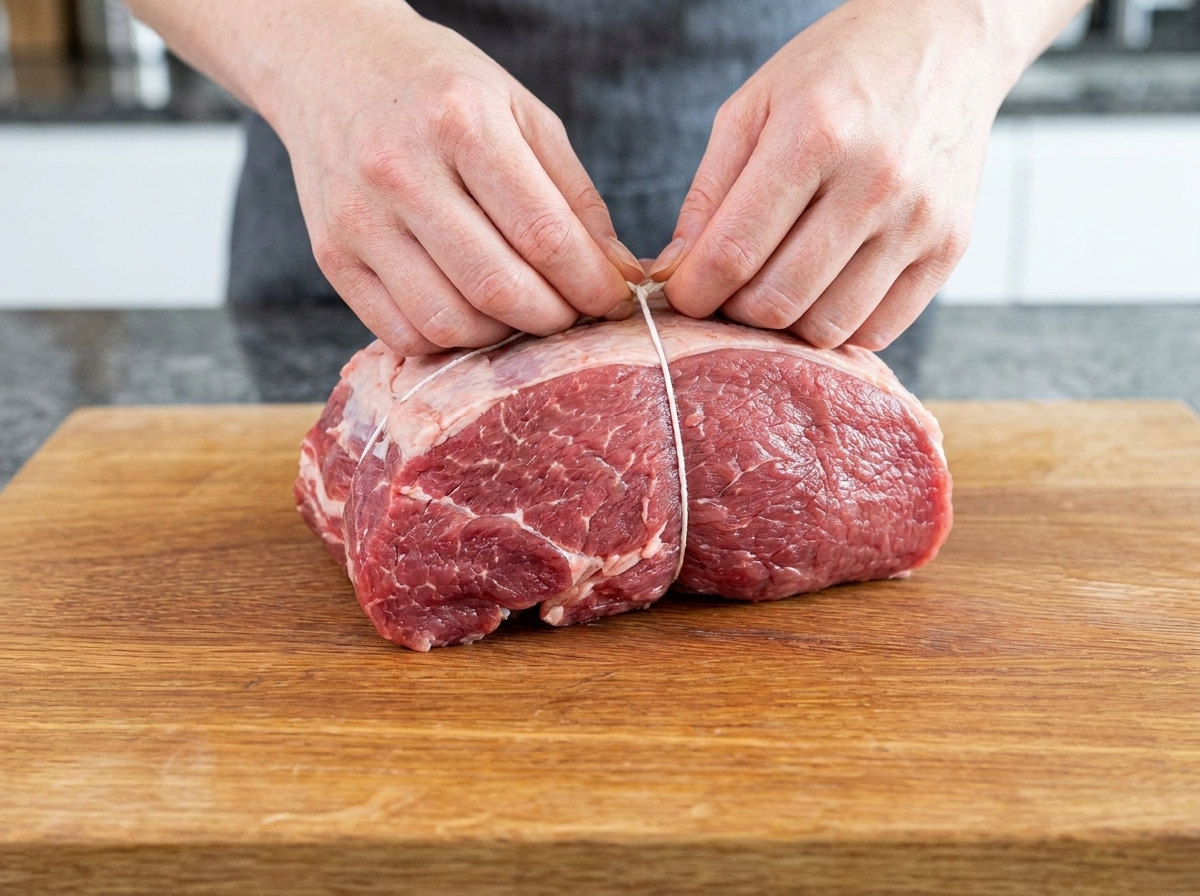 Mani che utilizzano dello spago da cucina per legare saldamente il rotolo di pancetta.