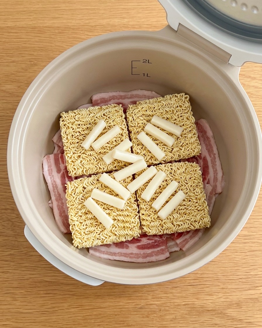 Fette di cipolla fresca posizionate sopra i noodles nella pentola.