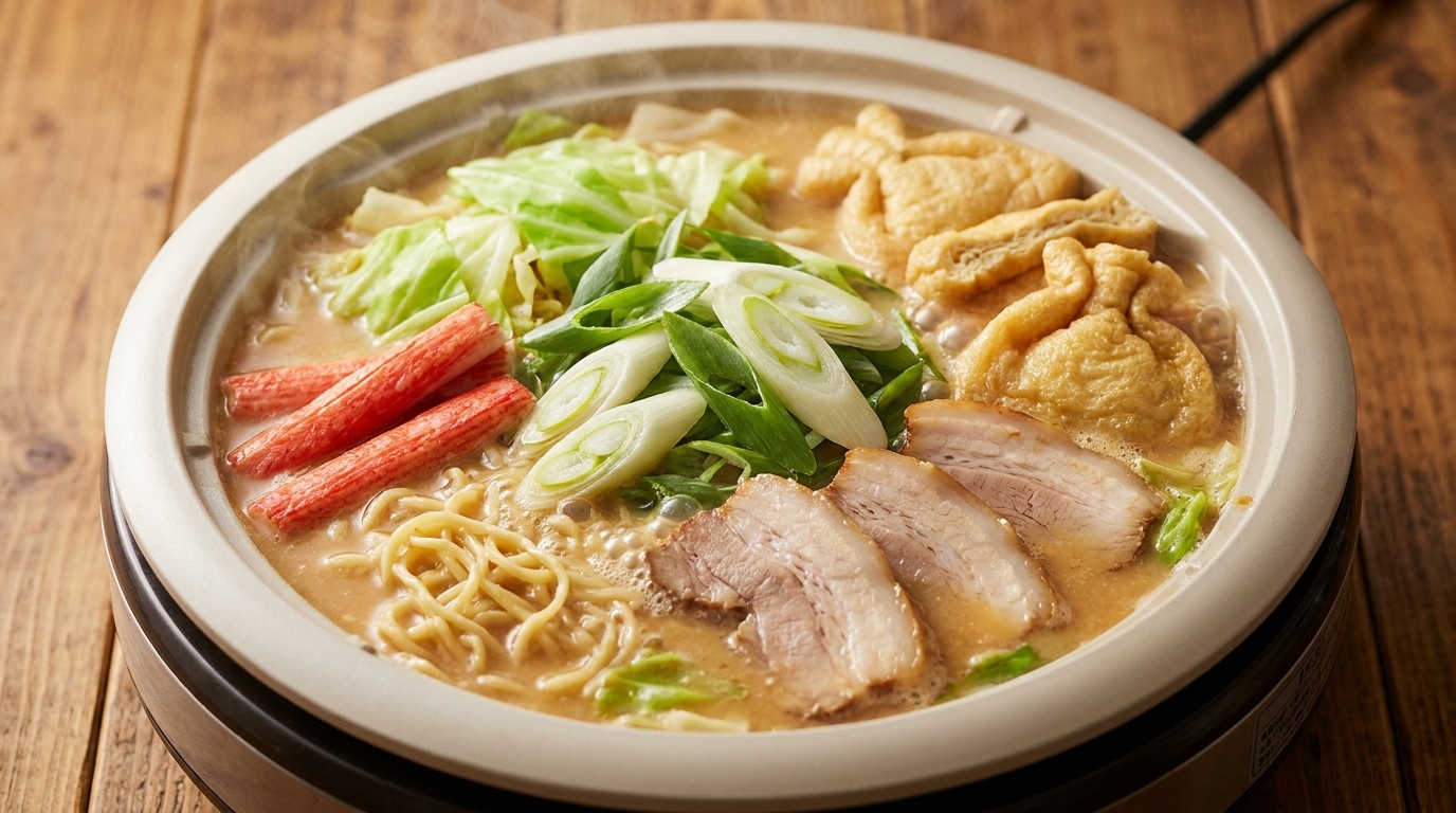 Una pentola fumante di ramen al miso, con pancia di maiale tenera, cavolo, bastoncini di granchio, tofu fritto e noodles in un ricco brodo al miso.