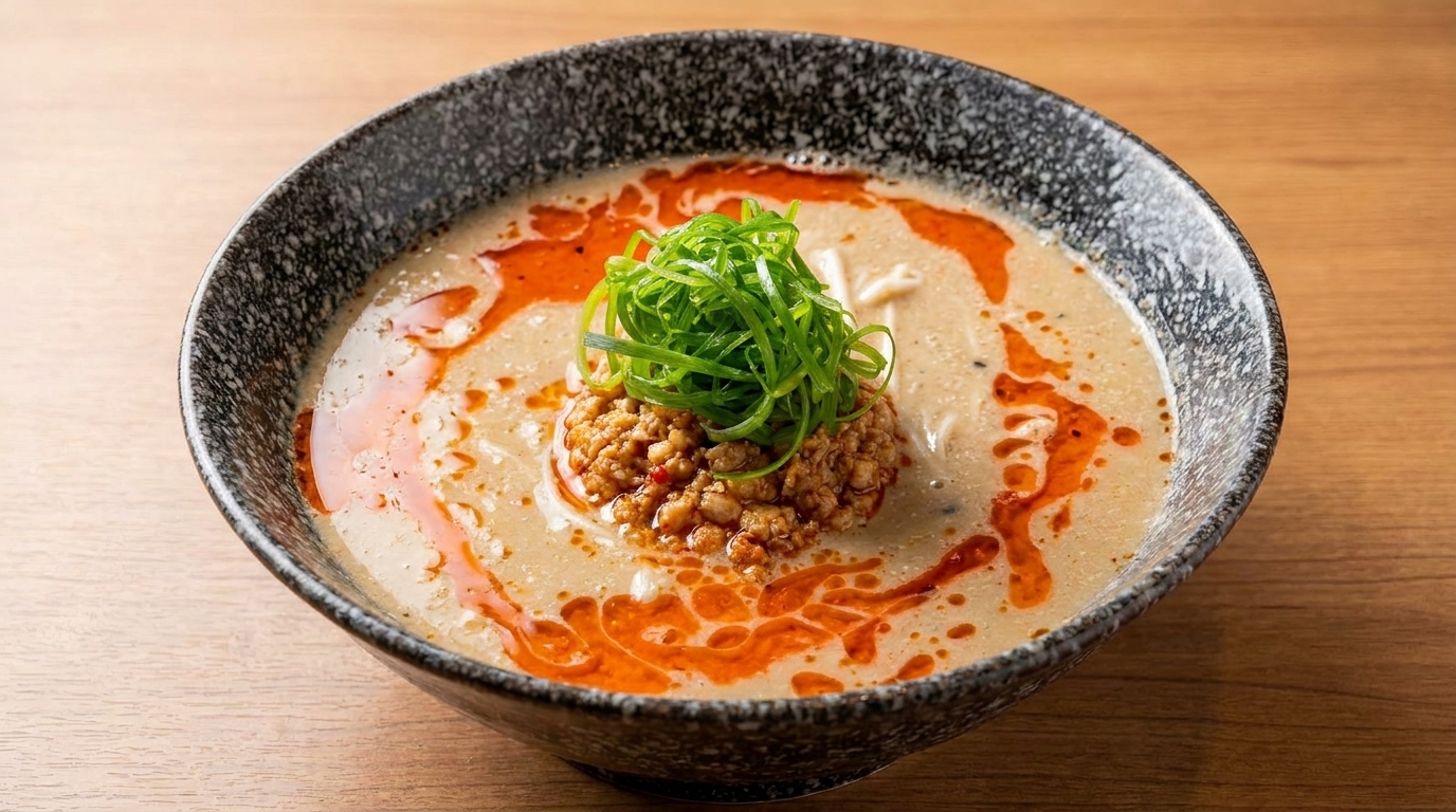 Una ciotola di Tantan Ramen giapponese: brodo cremoso al sesamo, carne macinata saporita, olio al peperoncino e cipollotti freschi.