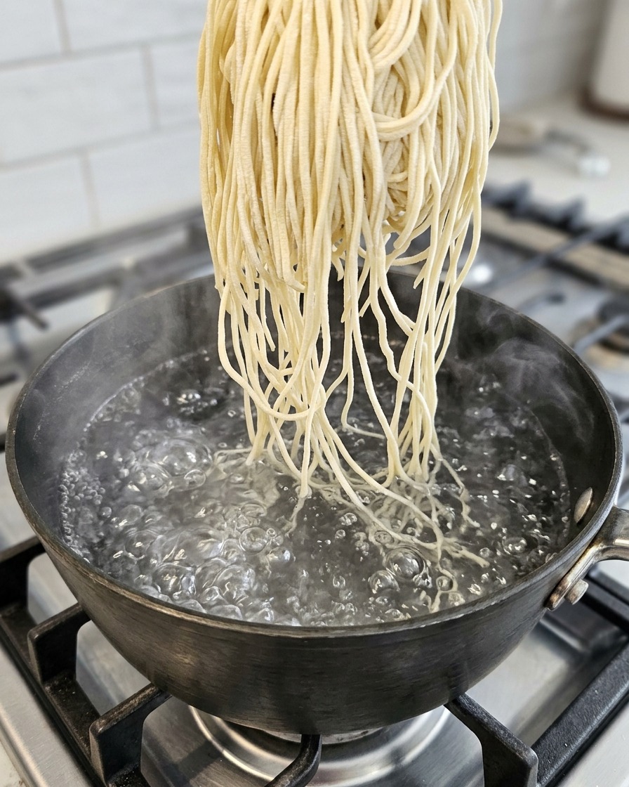 Ramen noodles che bollono in una pentola dacqua.