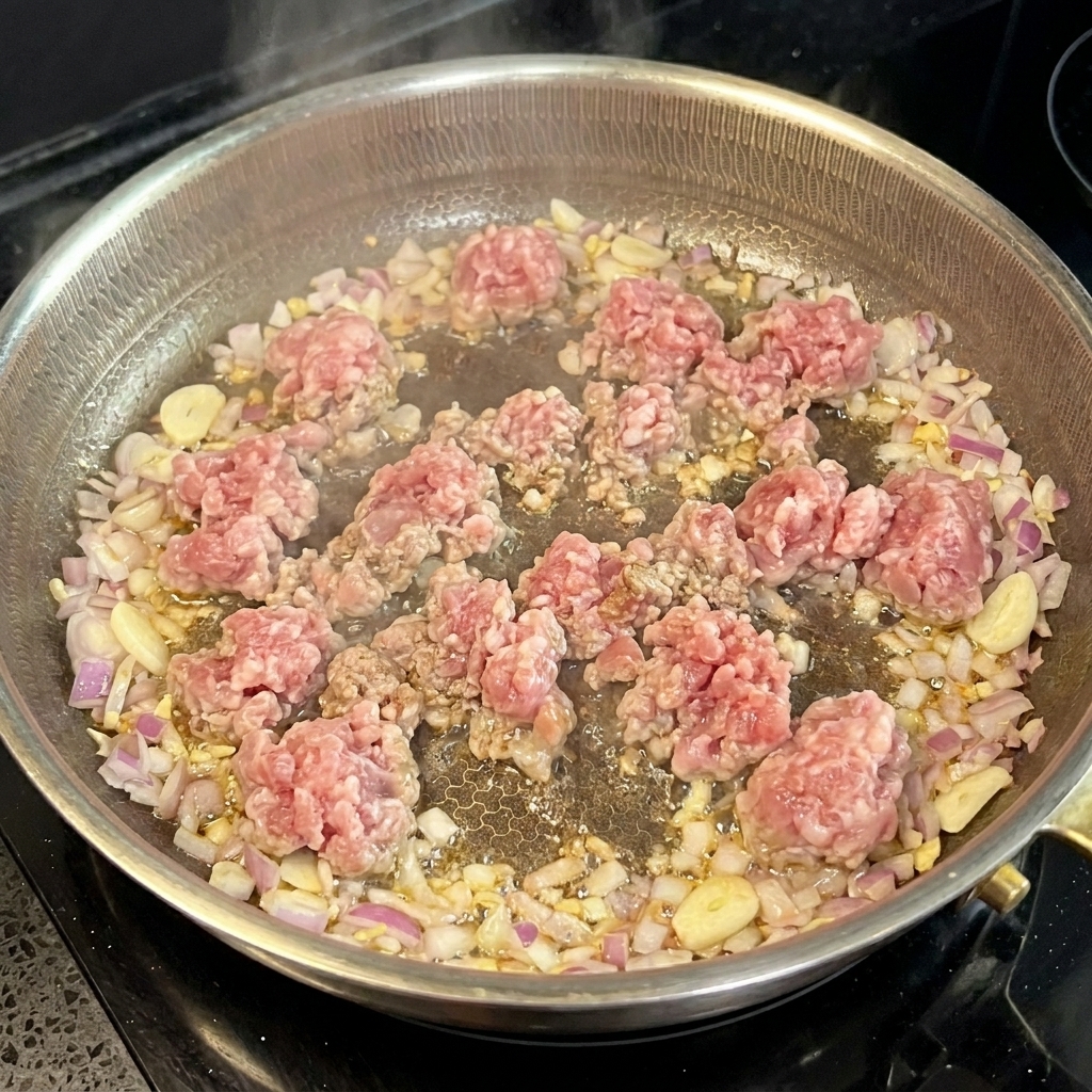 Carne macinata che rosola in padella con gli aromi.
