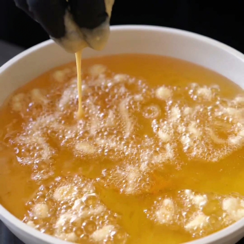 Gocce di pastella che friggono in olio caldo creando pezzetti dorati.