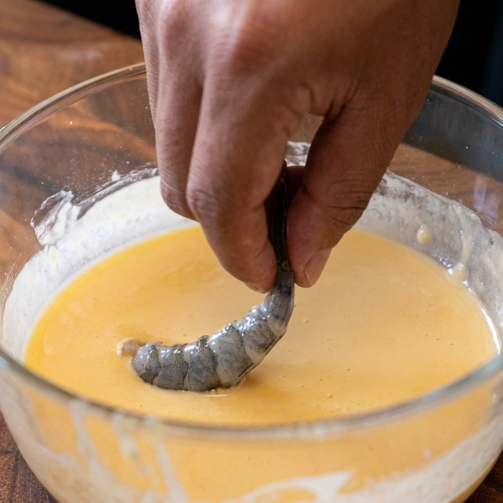 Gambero passato nella pastella e poi ricoperto dalle briciole croccanti.