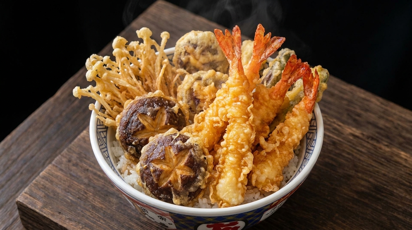 Classico Tendon: Tempura di Gamberi e Verdure su Riso