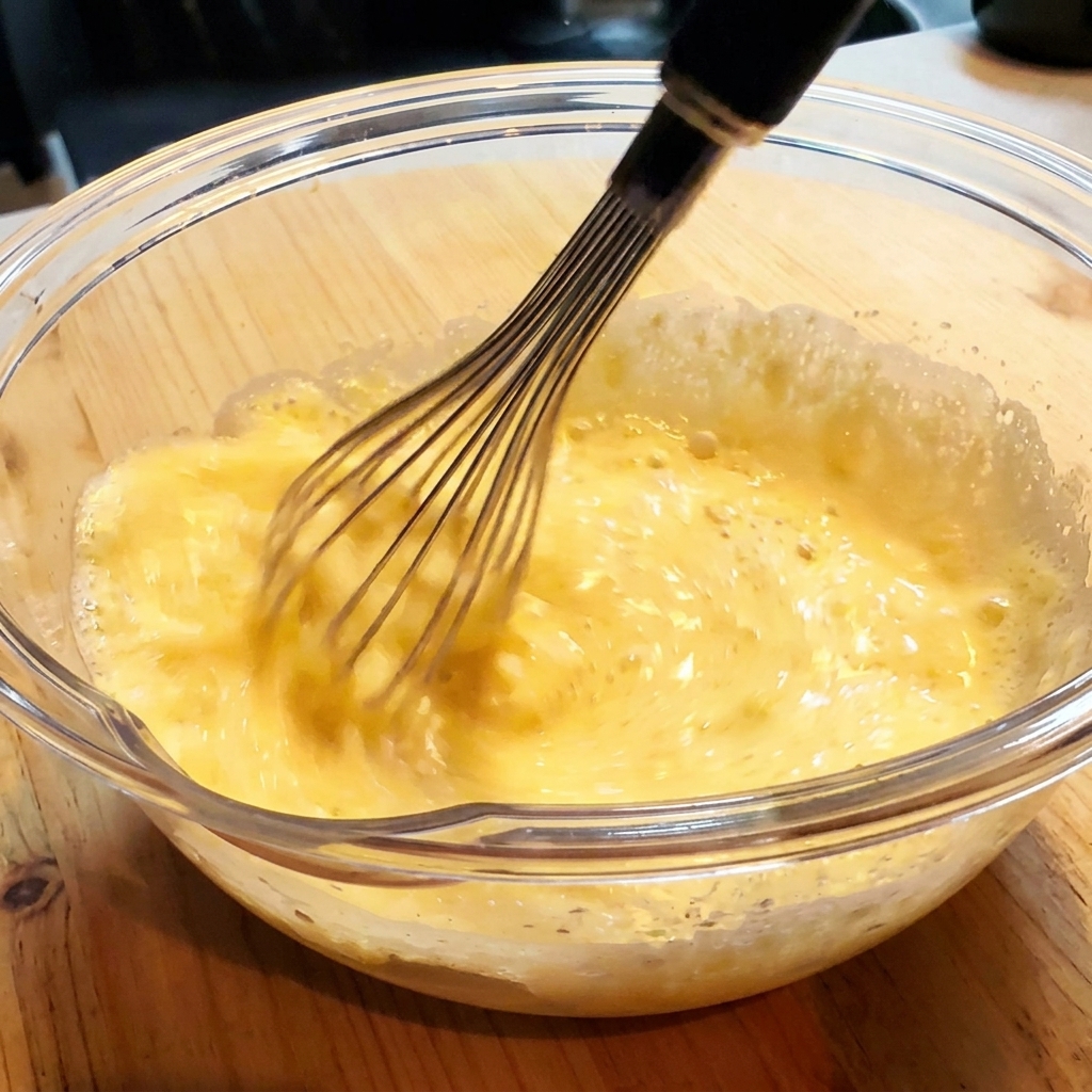 Pastella per tempura mescolata in una ciotola di vetro.