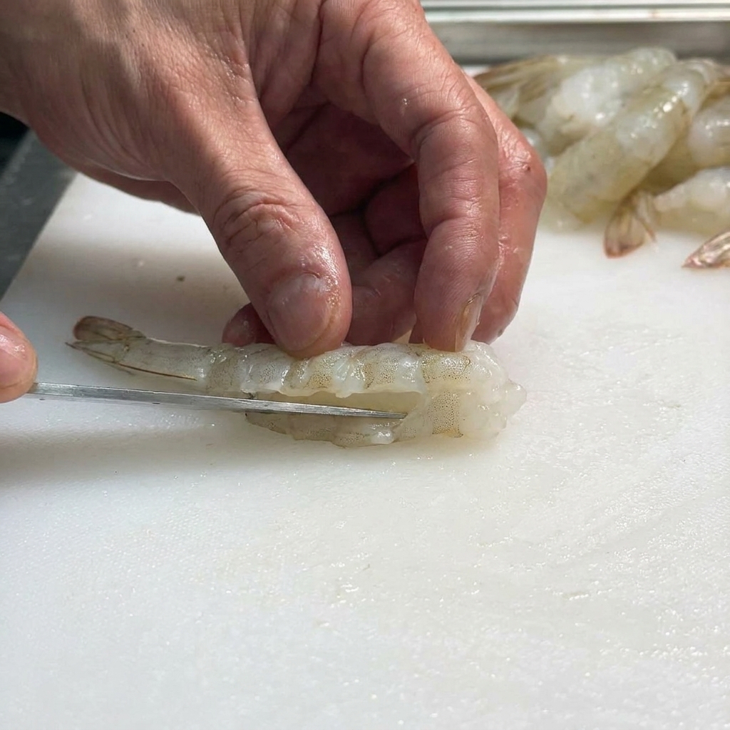 Primo piano di una mano che usa un coltello per pulire un gambero crudo su un tagliere bianco.