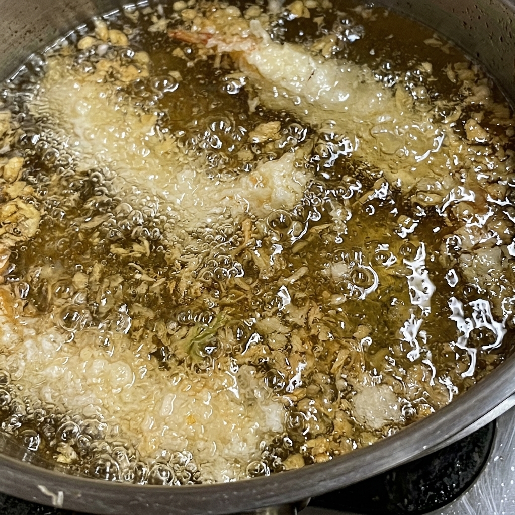 Gamberi pastellati che friggono in una pentola con olio caldo, con bollicine che si formano.
