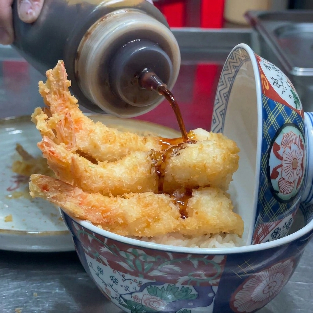 Dettaglio di salsa scura versata da un dosatore sui gamberi fritti sopra la ciotola di riso.
