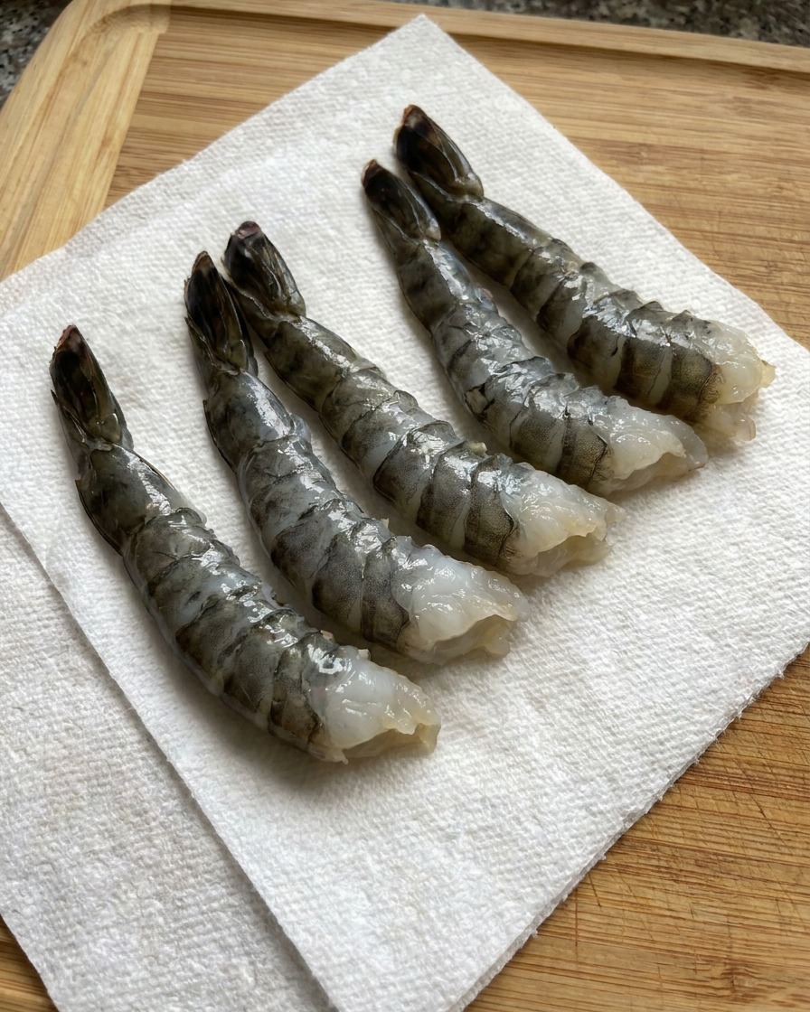 Cinque gamberi puliti e pronti, allineati su carta assorbente da cucina.