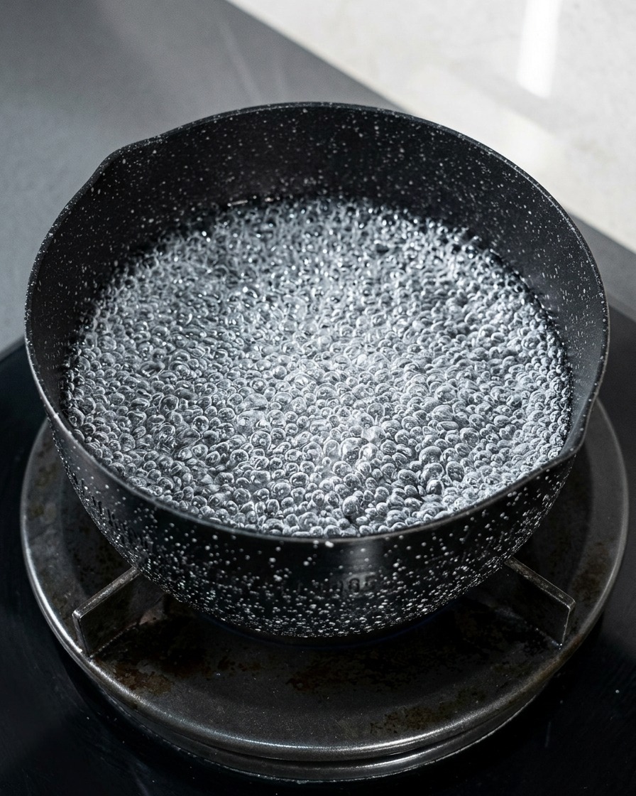 Un pentolino dacqua in ebollizione con una striscia di alga kombu scura allinterno.