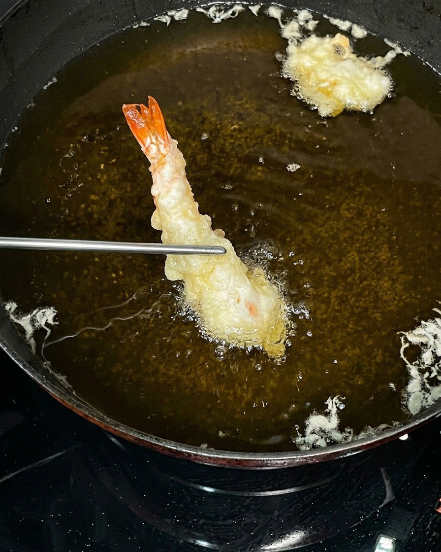Una ciotola con farina per tempura e acqua ghiacciata mescolate in una pastella densa e grumosa.