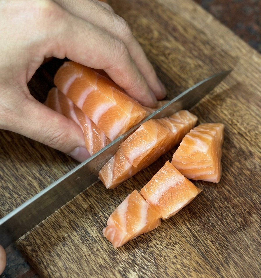 Un coltello affilato taglia del salmone fresco arancione in cubetti regolari su un tagliere di legno.