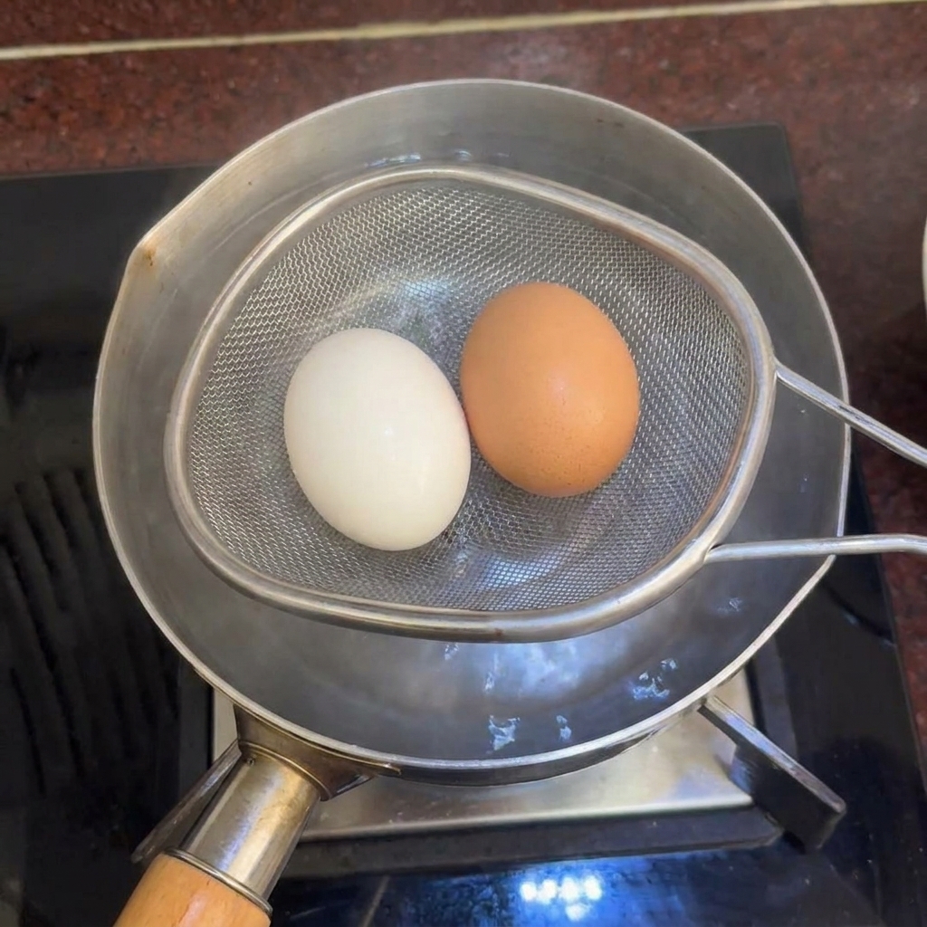 Un colino a maglia metallica solleva due uova sopra una pentola dacqua sul piano della cucina.