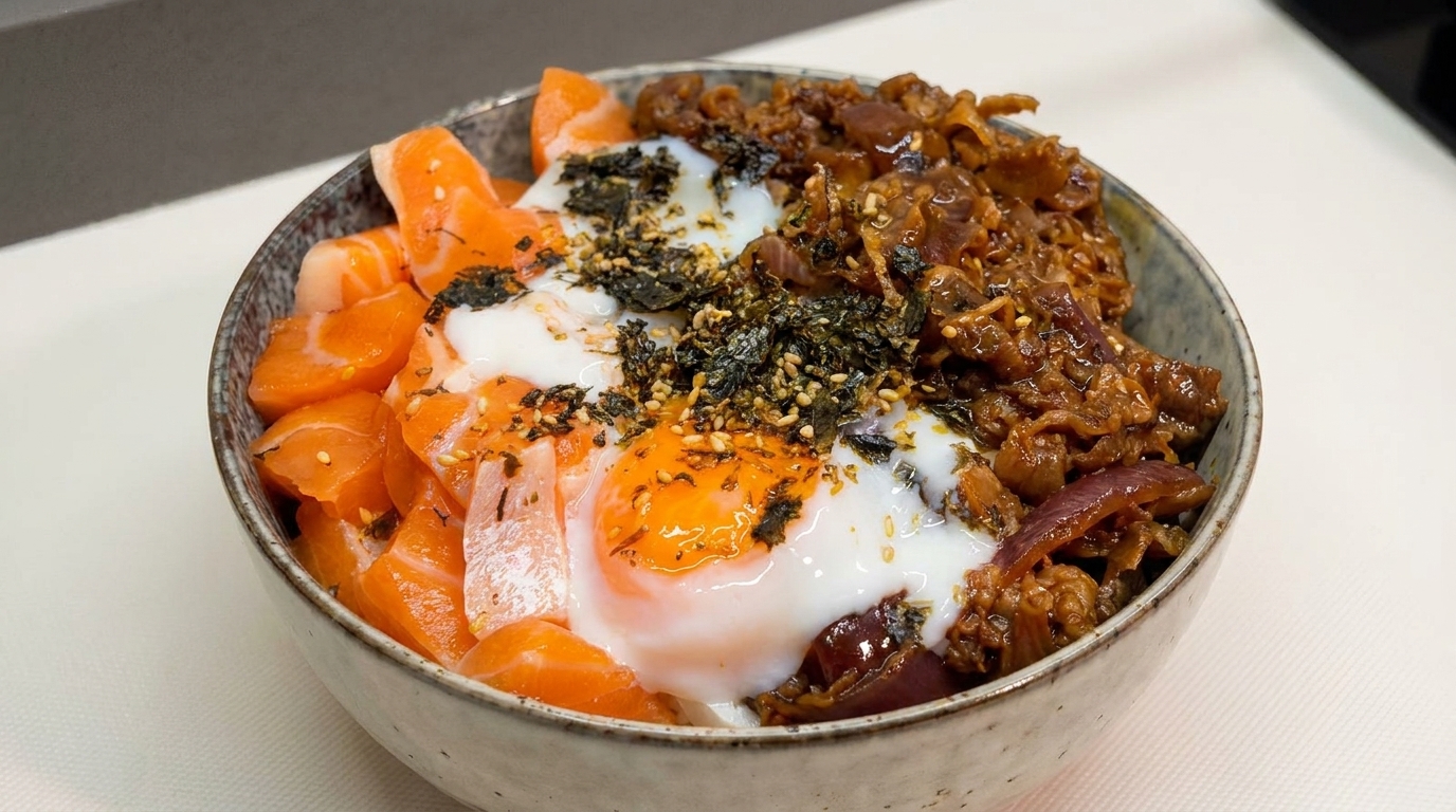 Donburi con Salmone, Manzo e Uovo Onsen