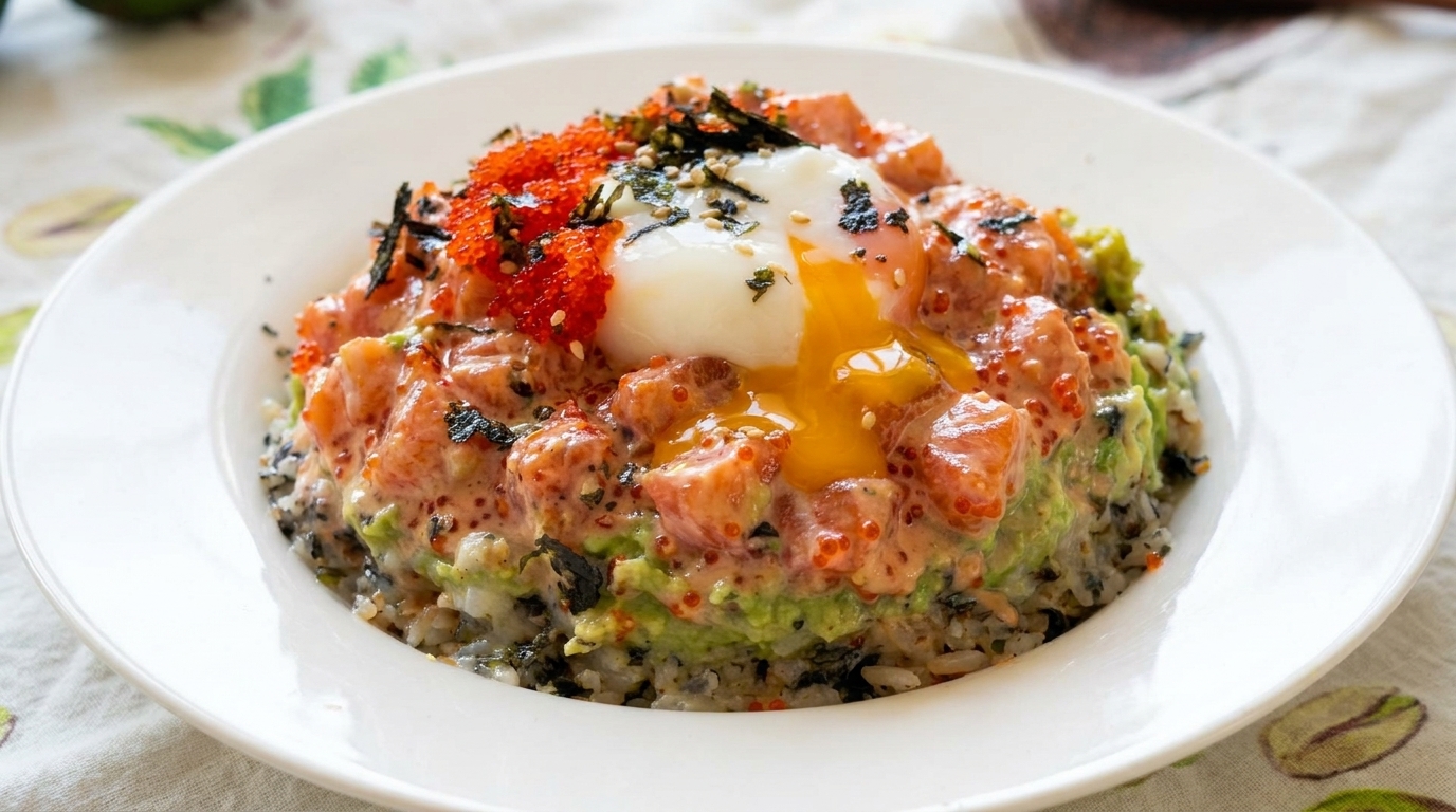 Poke Bowl Cremosa con Salmone, Avocado e Uovo Onsen