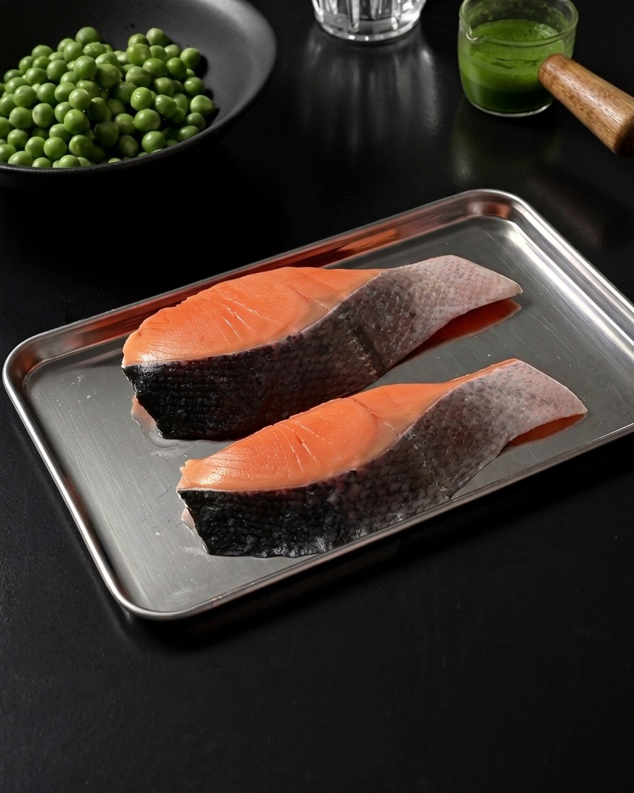 Due filetti di salmone crudo su un vassoio in acciaio inossidabile, leggermente conditi con sale e pepe nero.