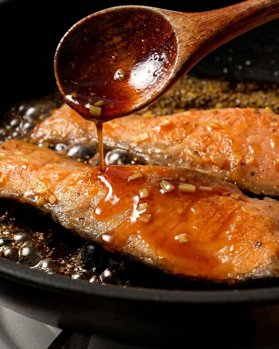 Primo piano di un cucchiaio di legno che versa una glassa marrone densa e bollente su un filetto di salmone cotto in una padella.