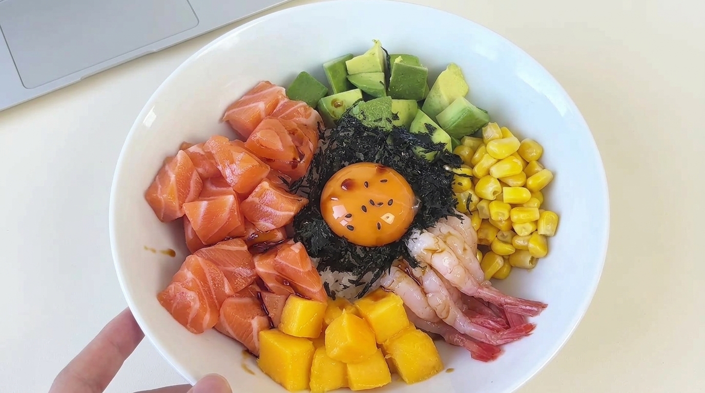 Poke Bowl al Salmone e Avocado con Gamberetti Dolci e Mango