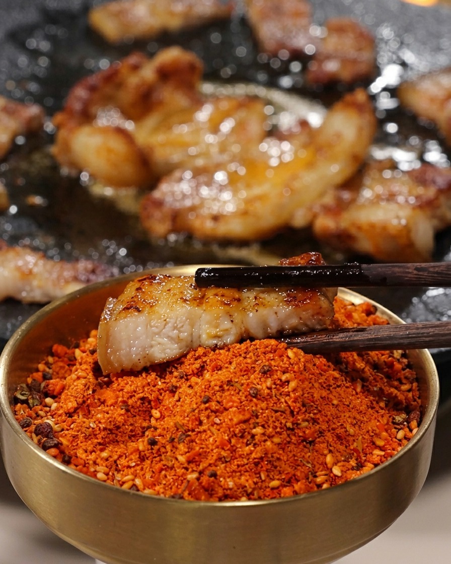 Una fetta croccante di pancetta grigliata immersa con le bacchette in una ciotola di spezie rosse.