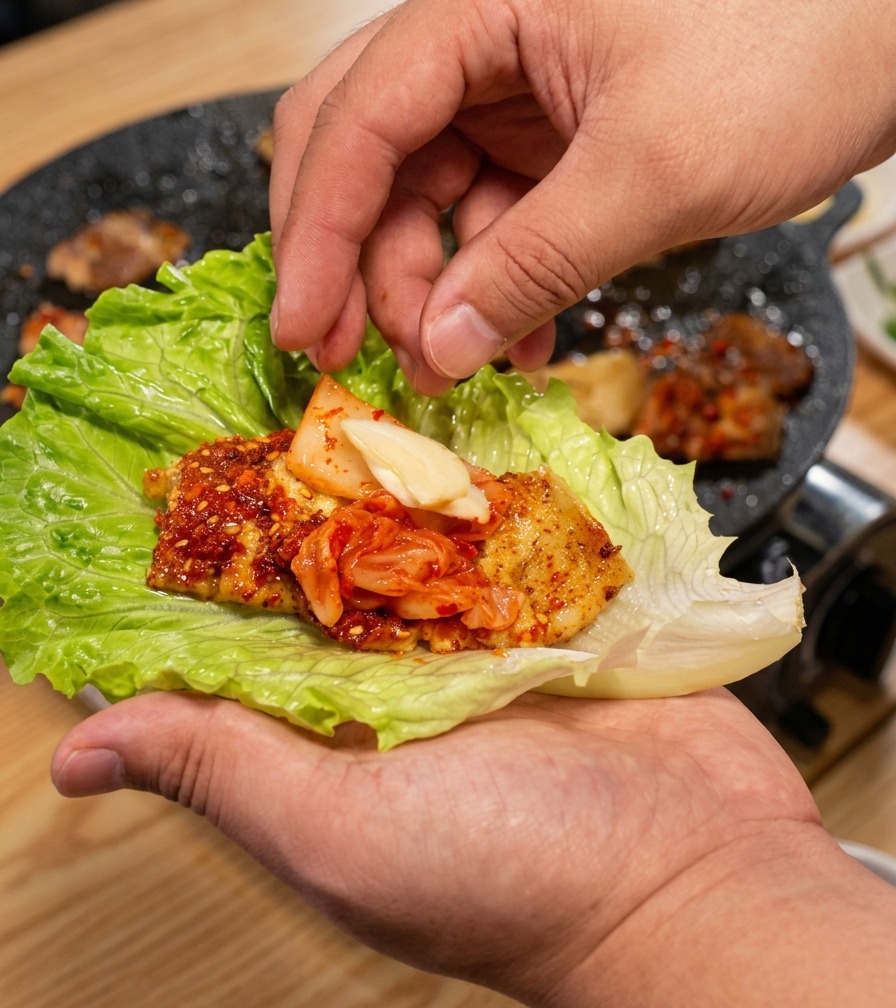 Una mano che aggiunge una fetta di aglio fresco a un involtino di lattuga con pancetta e kimchi.
