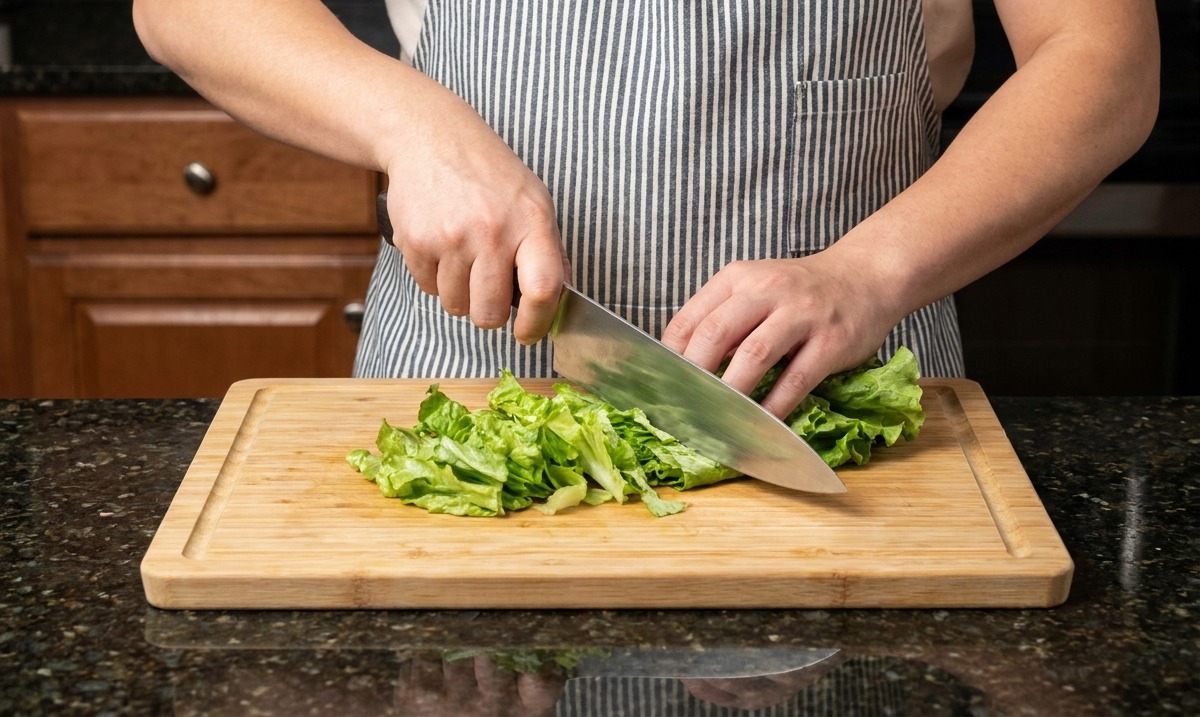 Una persona che taglia a strisce della lattuga verde fresca su un tagliere di bambù con un coltello da chef affilato.