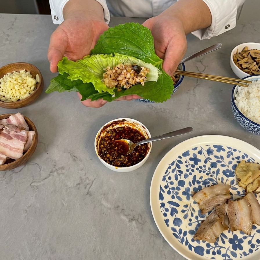 Riso bianco cotto aggiunto a un involtino di verdure tenuto tra le mani, circondato da piattini con aglio e carne.