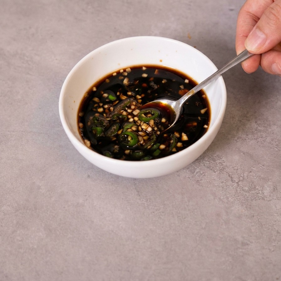 Una piccola ciotola con salsa di soia liquida mescolata con aglio tritato e peperoncini verdi a fette usando un cucchiaio.