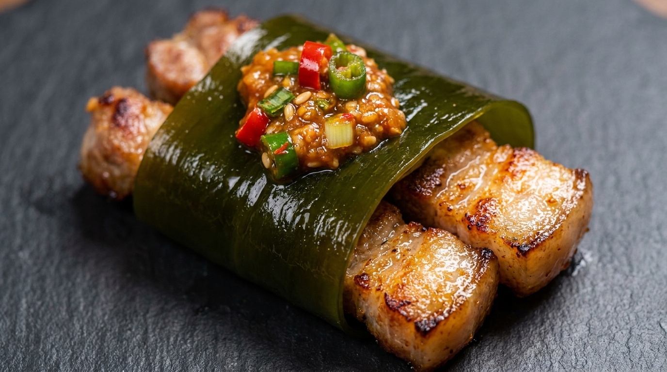 Involtini di pancetta di maiale alla griglia coreana (Samgyeopsal-gui) con alga kelp e lattuga