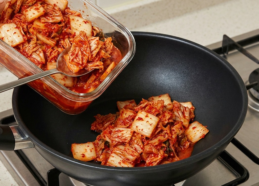 Mano che versa il kimchi di cavolo rosso fermentato a pezzi da un contenitore di vetro in una padella nera su un fornello a gas.