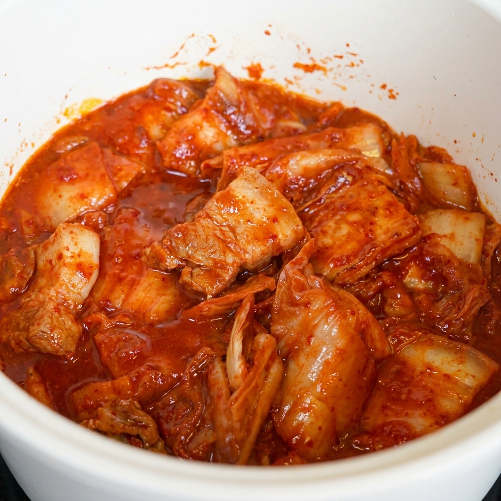 Kimchi affettato e pezzi di pancetta fritti mescolati insieme in una pentola, completamente avvolti da una salsa al peperoncino rosso.