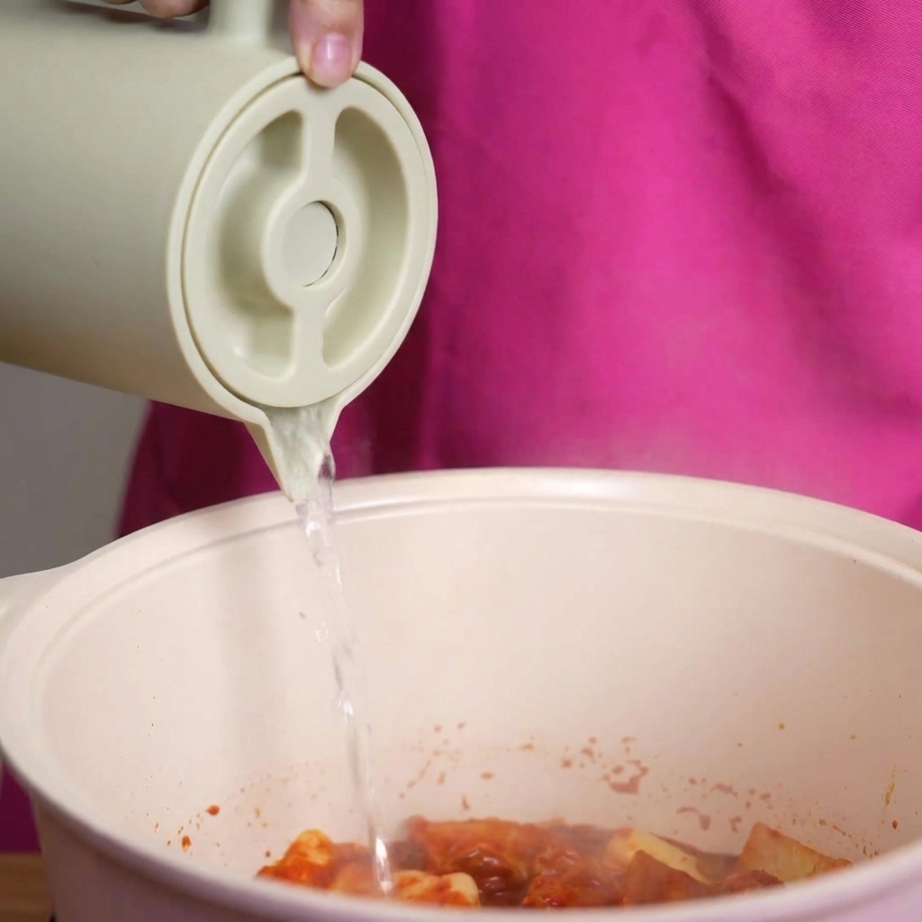Acqua limpida versata da una caraffa verde chiaro in una pentola piena di kimchi e pancetta di maiale in un brodo rosso.