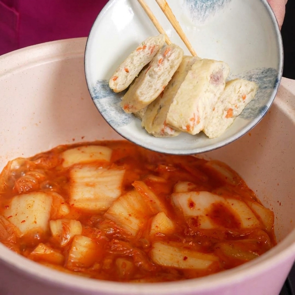 Una piccola ciotola bianca di fish cake affettati con pezzetti di carota visibili che viene svuotata in una pentola bollente di zuppa di kimchi rossa.