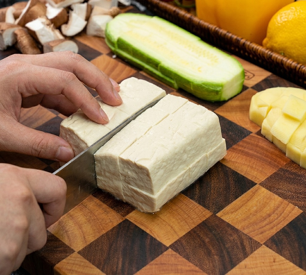 Una mano che tiene fermo un blocco di tofu bianco sodo mentre lo taglia a cubetti uniformi su un piano di lavoro in legno.