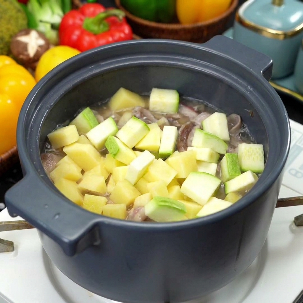 Cubetti di patata cruda e zucchina verde che vengono aggiunti in una pentola di cottura scura contenente fettine di manzo saltate.