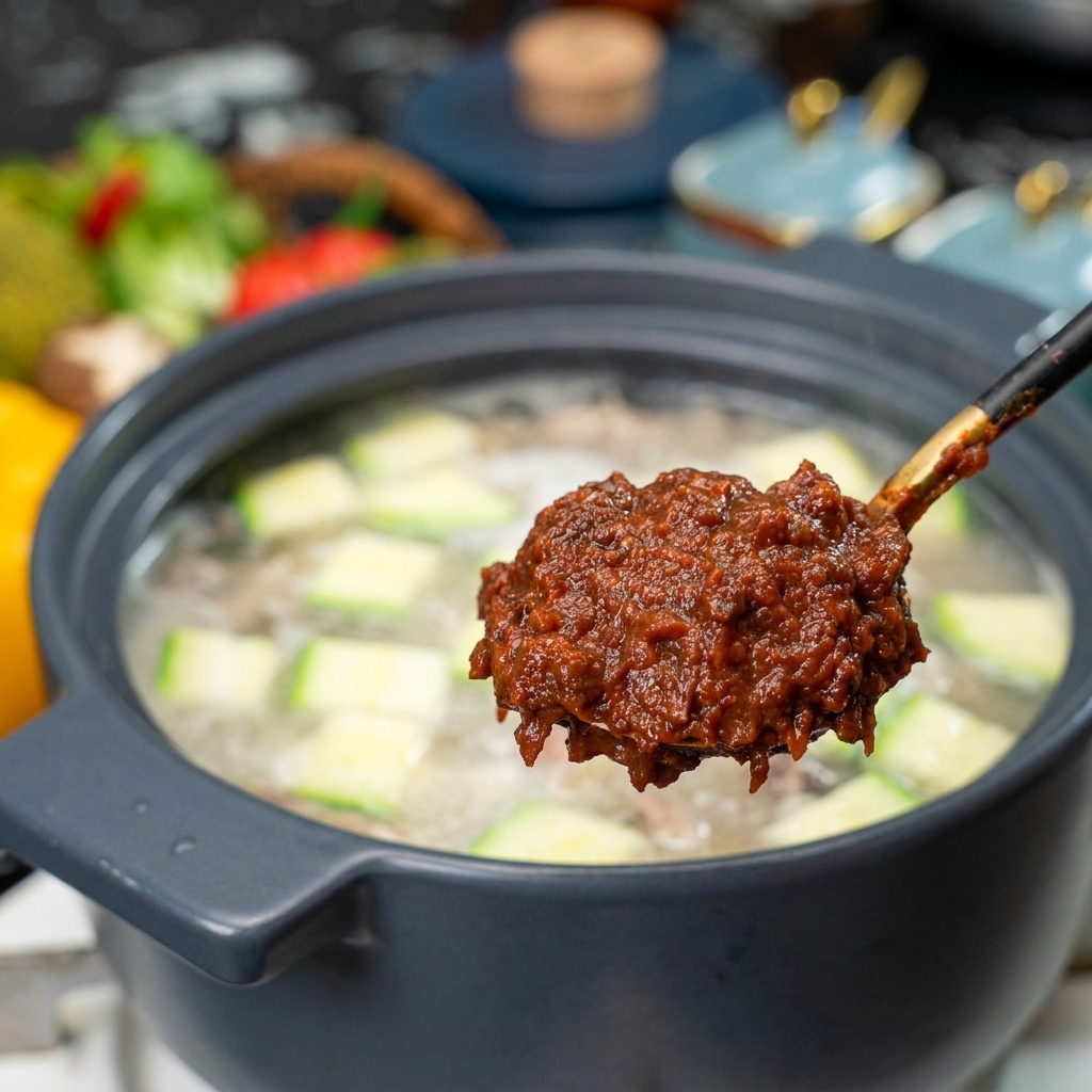Un grande cucchiaio di metallo con una generosa porzione di pasta di soia coreana scura e densa sopra una pentola di acqua bono liente con verdure.